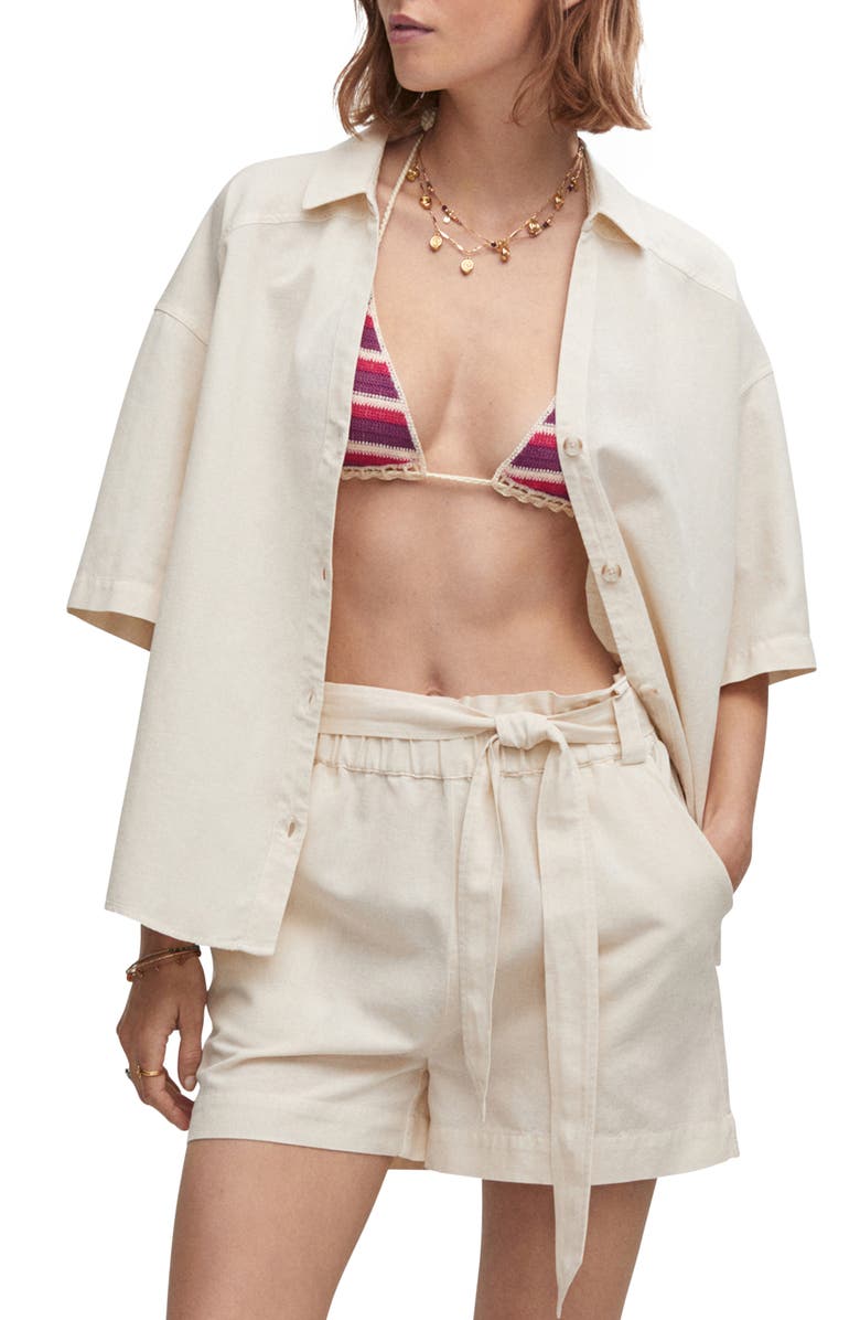 MANGO Short Sleeve Cotton & Linen Button-Up Shirt, Main, color,