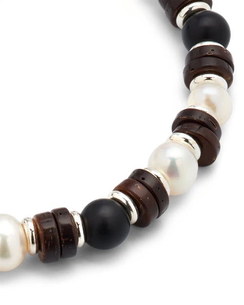 Jan Leslie Freshwater Pearl And Black Agate Beaded Bracelet With Silver Spacers In White