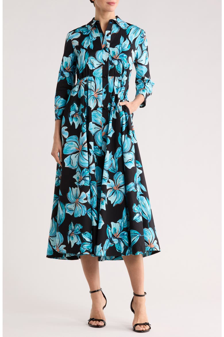 Blaine Floral Midi Shirtdress, Main, color, OPERA FLORAL BLACK