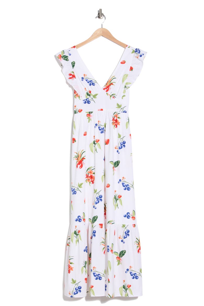 V-Neck Ruffle Maxi Dress, Alternate, color, WHITE LOBSTER PRINT
