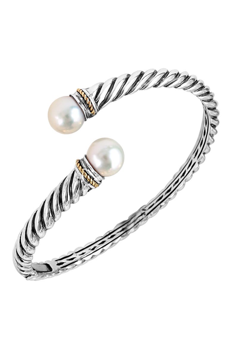 Sterling Silver & 18K Gold Cultured Freshwater Pearl Hinged Bracelet, Alternate, color, WHITE