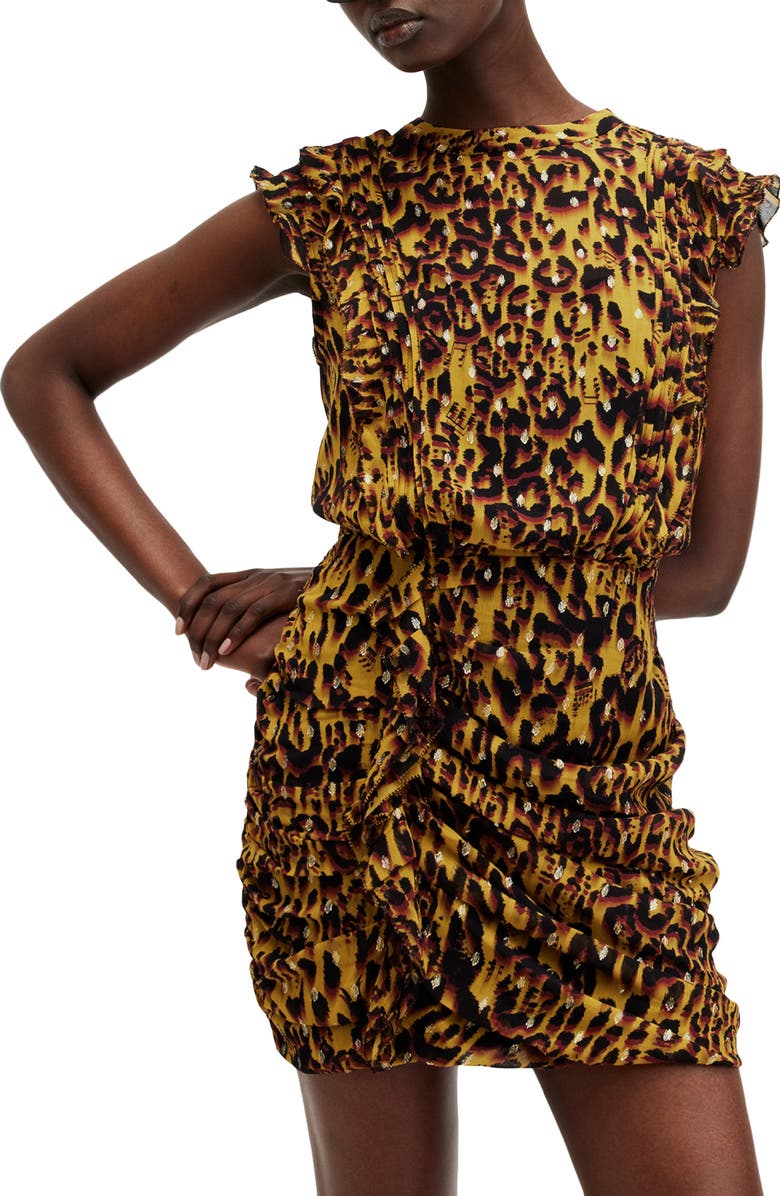 AllSaints Hali Pleated Leopard Spot Cap Sleeve Dress, Alternate, color, Teresa Deep Yellow