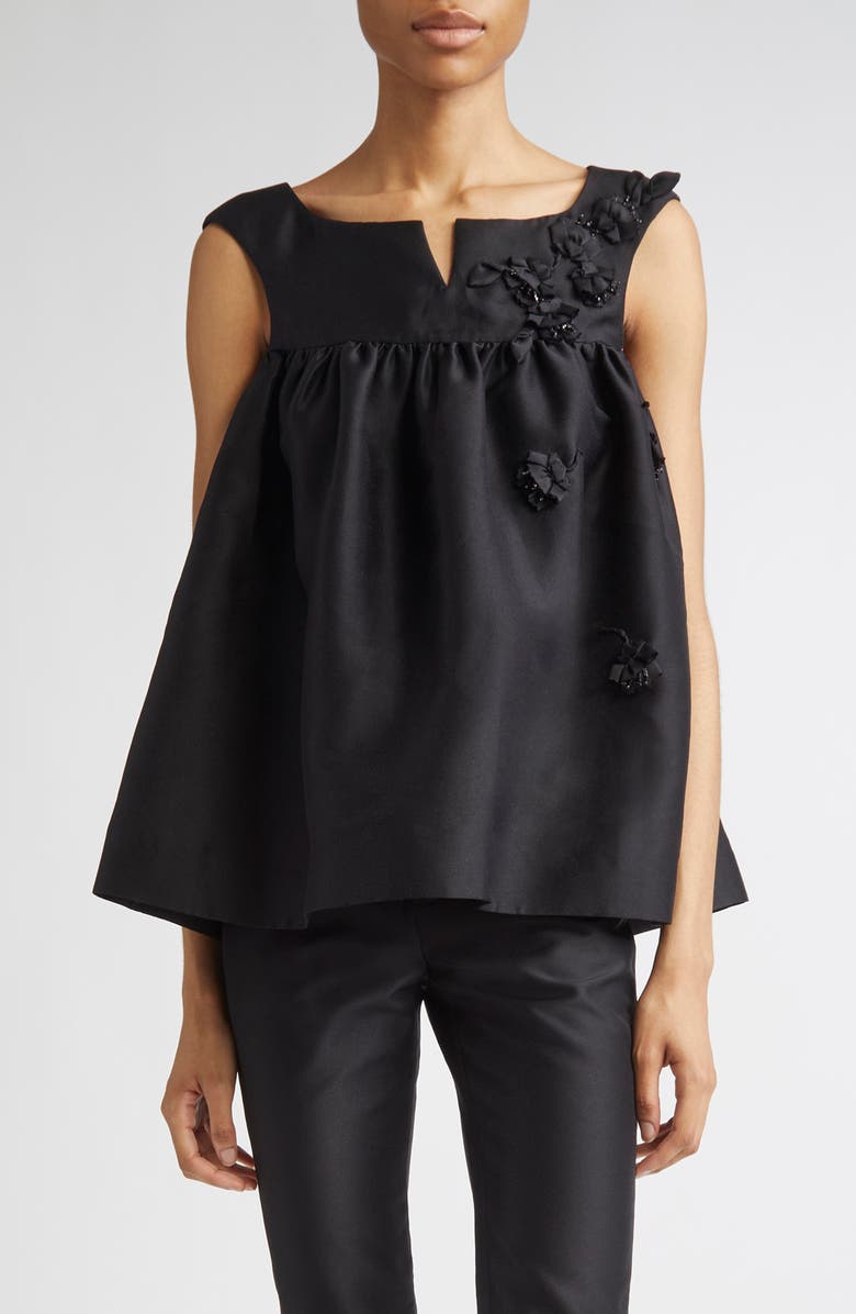 Shushu/Tong Fluffy Notched Floral Appliqué Satin Babydoll Top, Main, color, Black