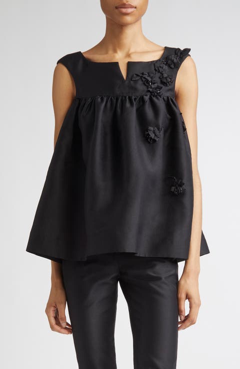 Fluffy Notched Floral Appliqué Satin Babydoll Top