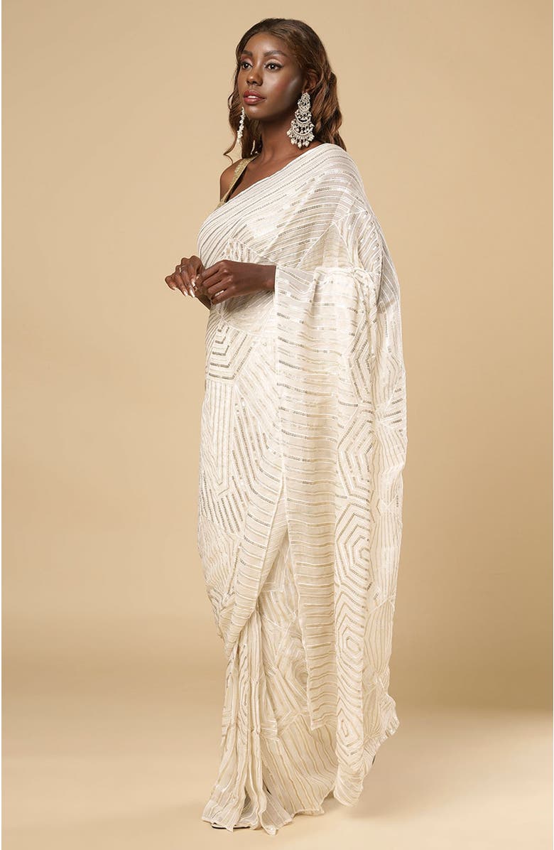 One Minute Saree<sup>®</sup> Charlize Luxe Cream Geometric Sequins Georgette Ready to Wear Saree, Alternate, color,