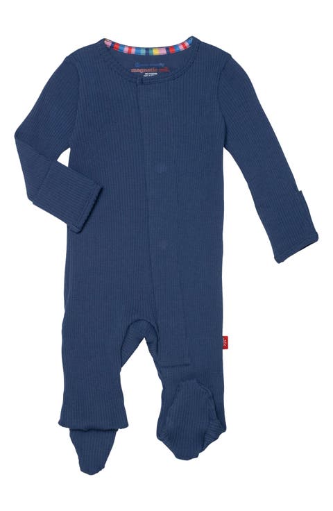 Symphony Blue Ribbed Long Sleeve Magnetic Footie (Baby)