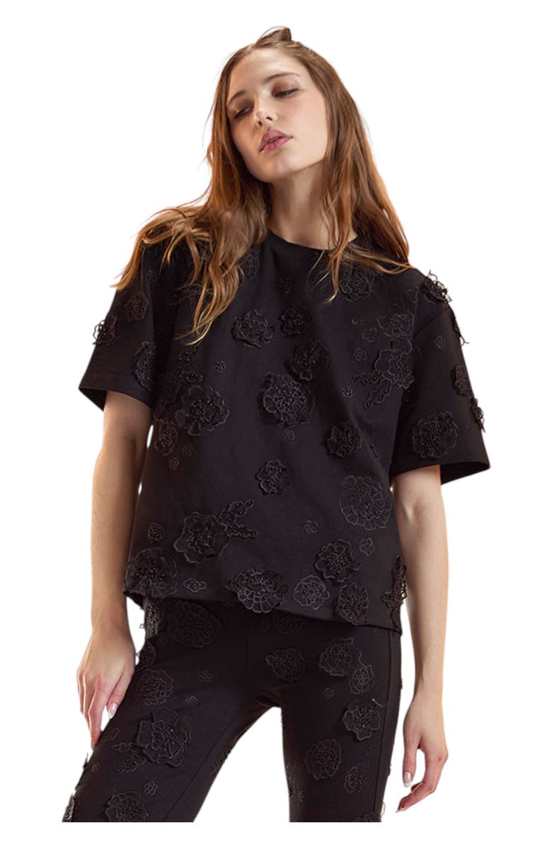 Cynthia Rowley Pop Floral Applique Top, Main, color, Black