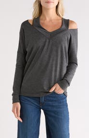 GO COUTURE Cold Shoulder V-Cut Long Sleeve Top