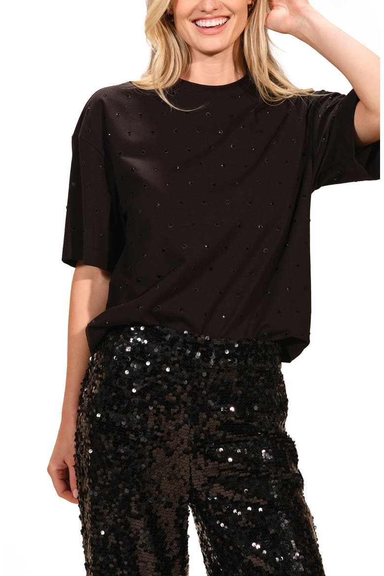 Rhinestone Stretch Cotton T-Shirt, Main, color, BLACK