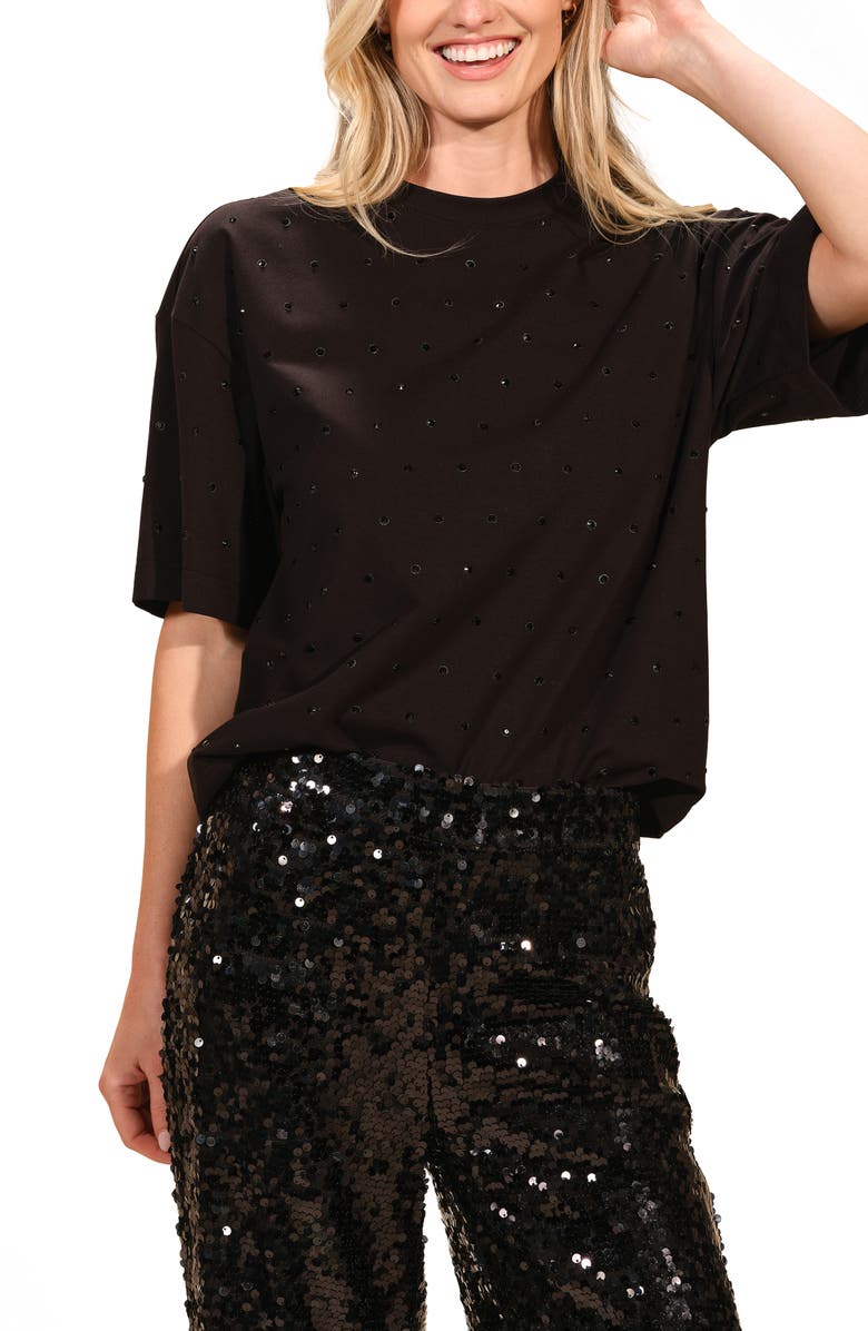 Isaac Mizrahi New York Rhinestone Stretch Cotton T-Shirt, Main, color, Black