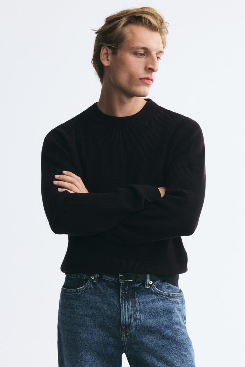 Regular-Fit Rib-Knit Cotton Sweater, Alternate, color, Black
