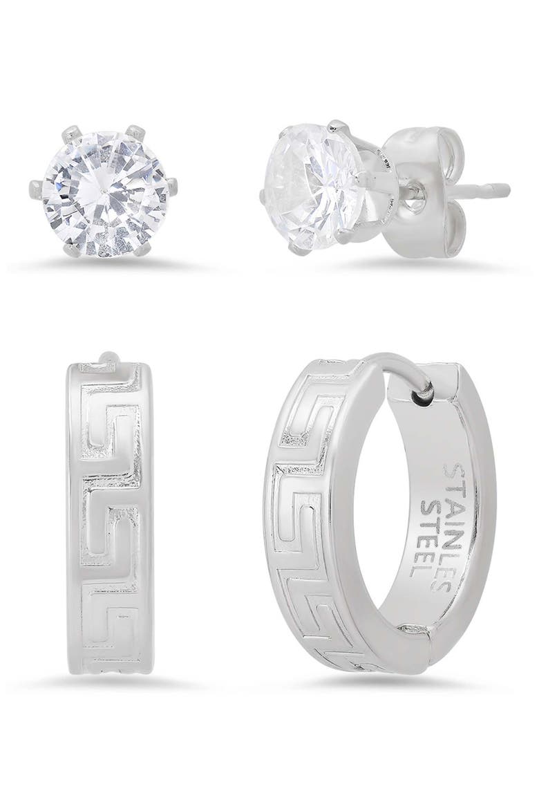 Men's Set of 2 Crystal Stud & Huggie Hoop Earrings, Main, color, SILVER