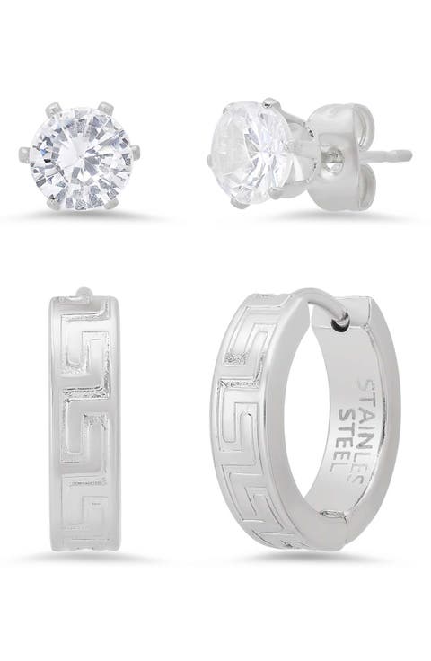 Men's Set of 2 Crystal Stud & Huggie Hoop Earrings