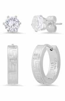 Men's Set of 2 Crystal Stud & Huggie Hoop Earrings