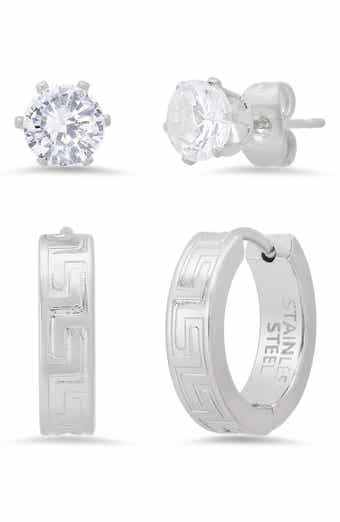 Men's Set of 2 Crystal Stud & Huggie Hoop Earrings