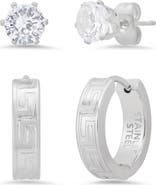STEELTIME Men's Set of 2 Crystal Stud & Huggie Hoop Earrings