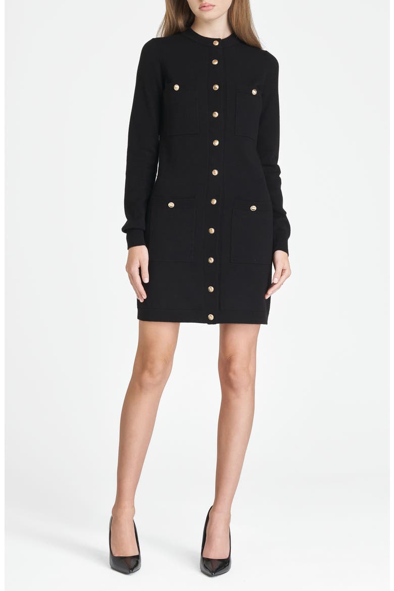 Becca Belted Long Sleeve Sweater Minidress, Main, color, BLACK