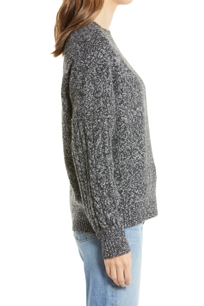 Women's Cable Knit Sleeve Crewneck Sweater, Alternate, color, GREY MARL