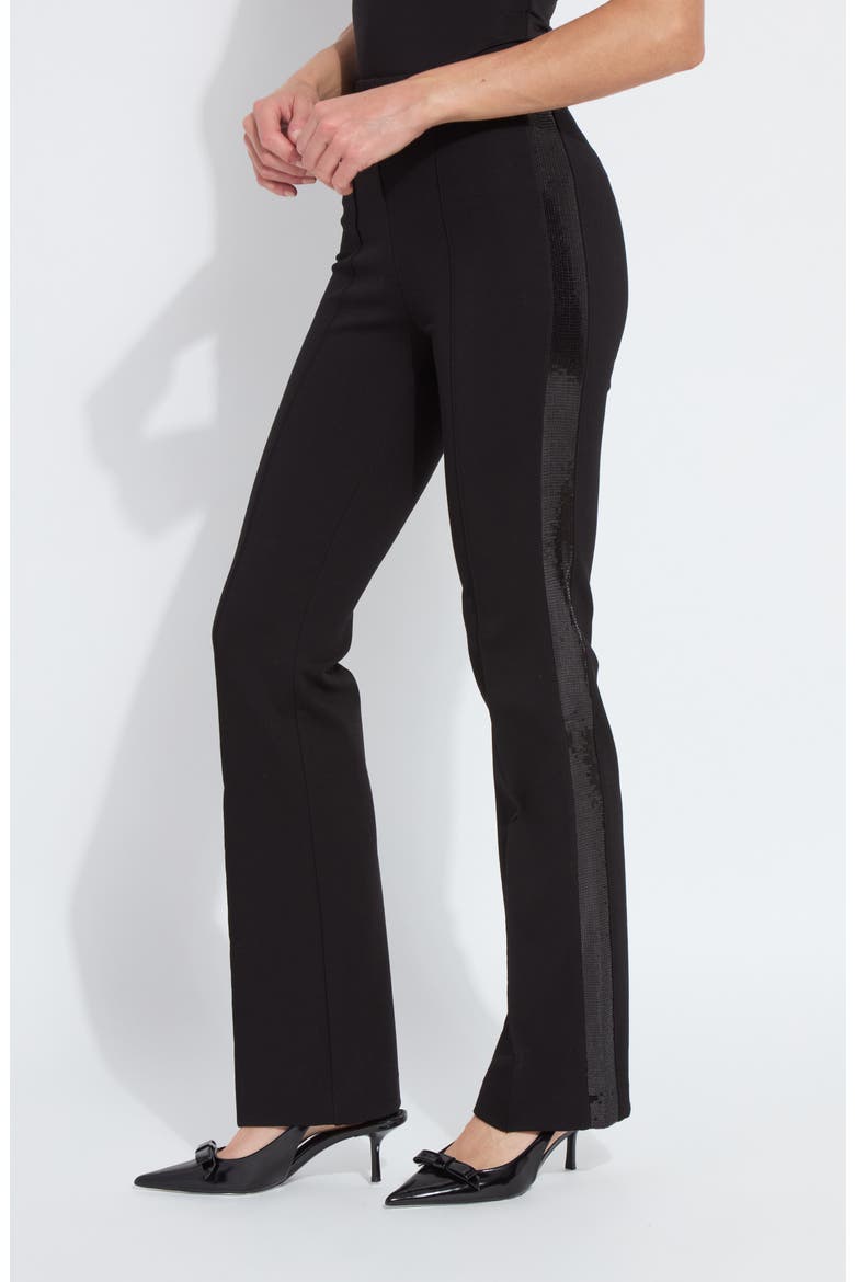 Elysse Sequin Side Stripe Stretch Ponte Tuxedo Pants, Alternate, color, BLACK