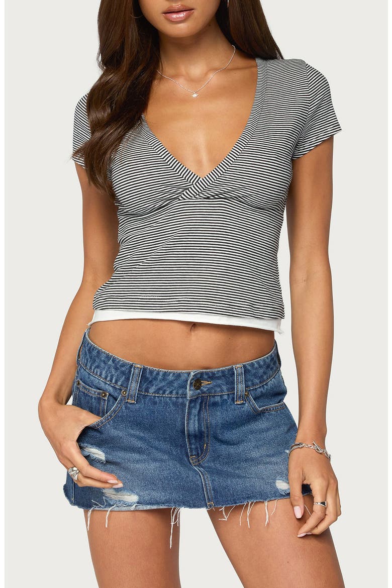 Yannah Striped Layered V-Neck Tee, Main, color, BLACK-AND-WHITE