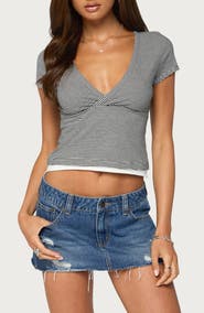 EDIKTED Yannah Striped Layered V-Neck Tee