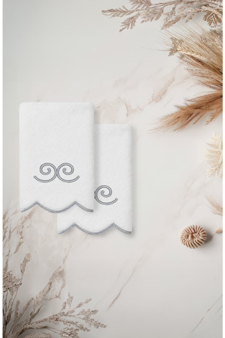 2-Piece Symmetra Embroidered Turkish Cotton Fingertip Towel Set, Alternate, color, WHITE/ GRAY