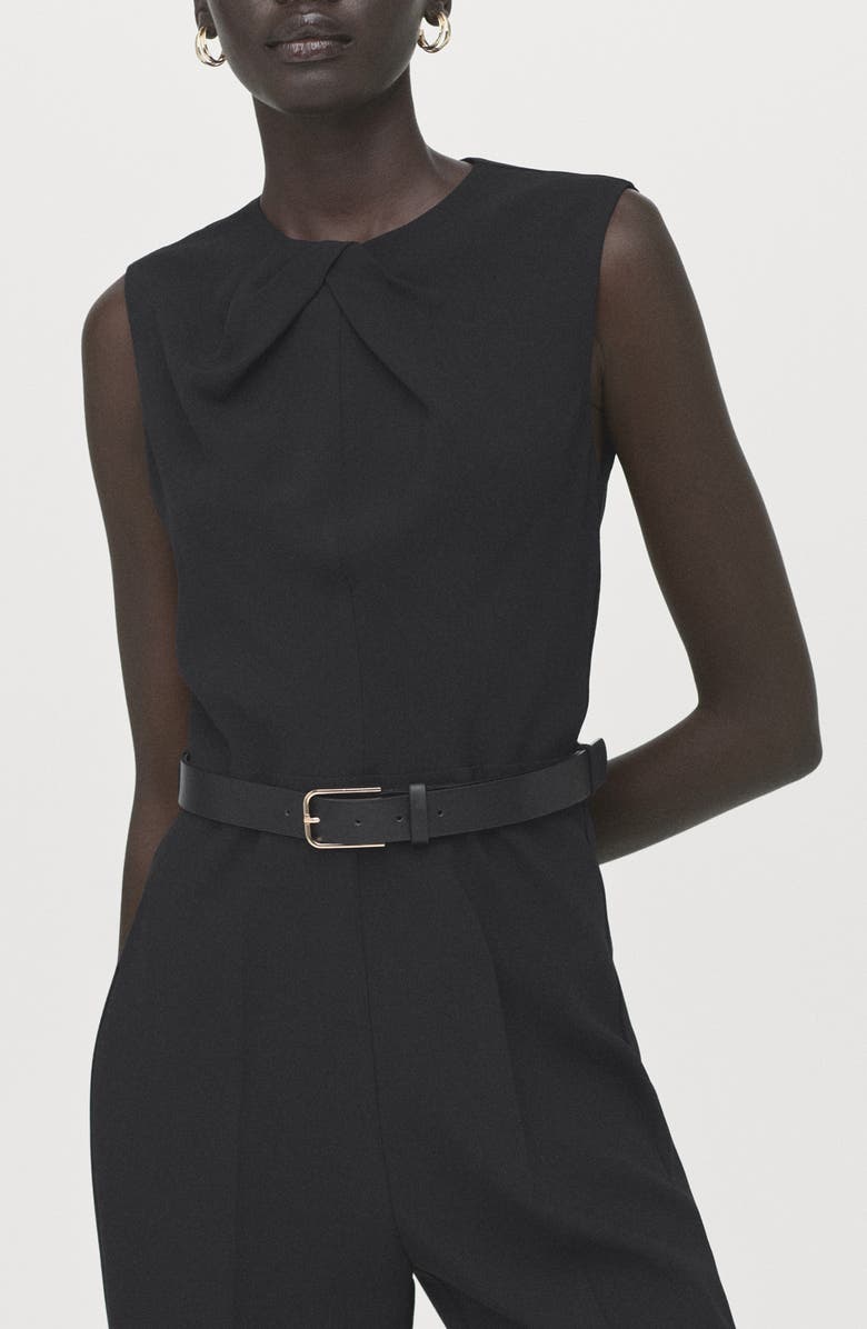 MANGO Draped Detail Belted Wide Leg Jumpsuit, Alternate, color, Black