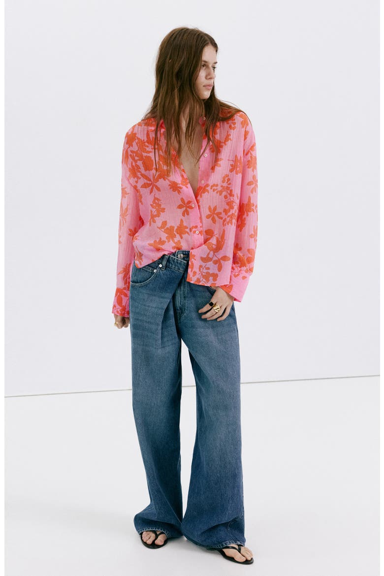 Relaxed Fit Crinkle Button-Up Shirt, Alternate, color, PINK