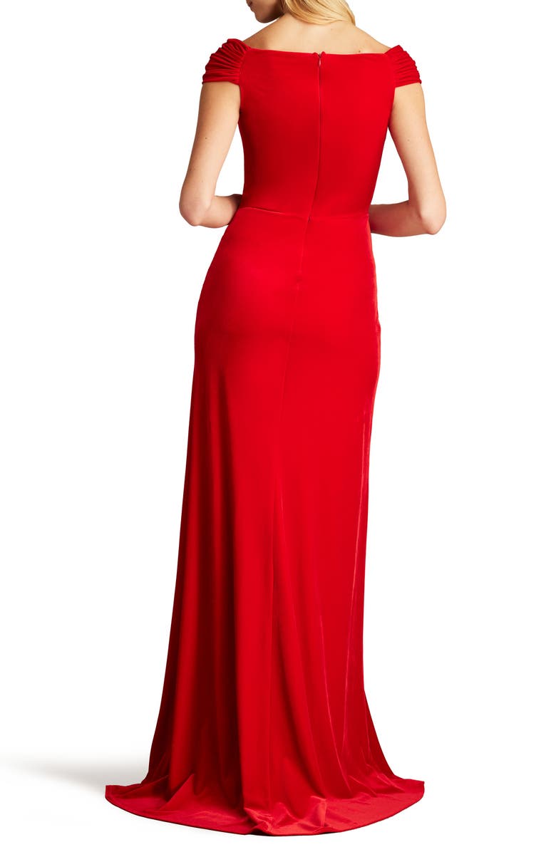 Tadashi Shoji Asymmetric Neck Side Ruffle Velvet Gown, Alternate, color, 