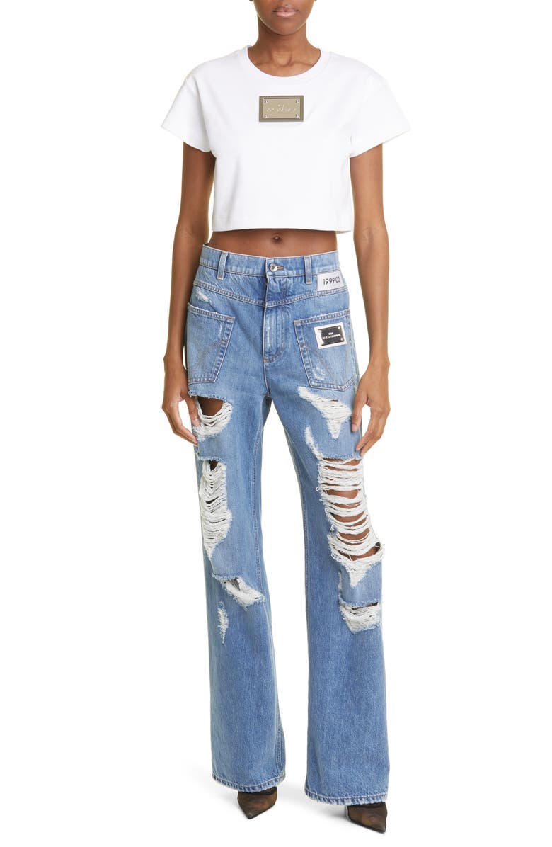 Dolce&Gabbana Kim Logo Plaque Short Sleeve Crop T-Shirt, Alternate, color, 