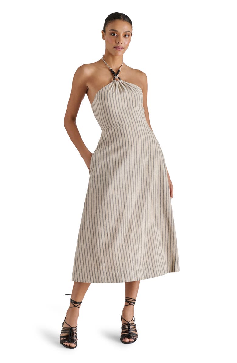 Steve Madden Mary Beth Ticking Stripe Linen & Cotton Halter Midi Dress, Alternate, color, Ivory/Black