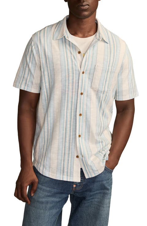Stripe Short Sleeve Cotton Blend Button-Up Shirt