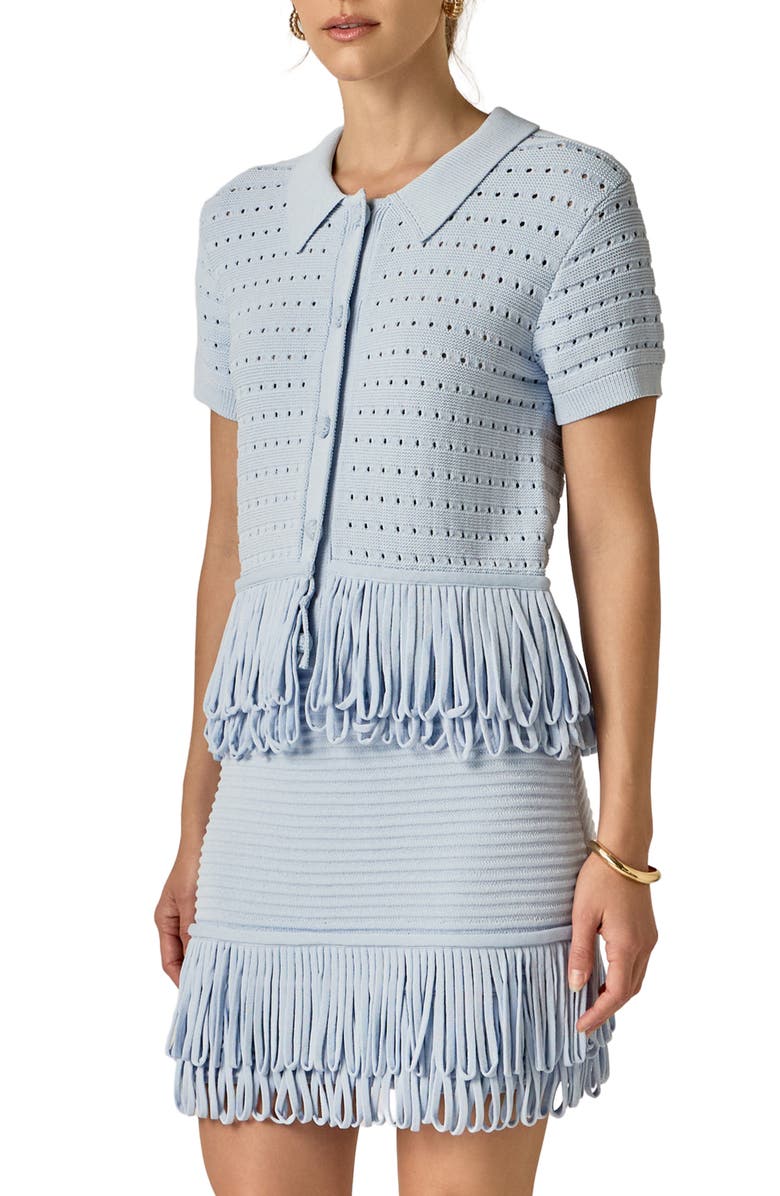 English Factory Fringe Trim Knit Button-Up Top, Alternate, color, Powder Blue