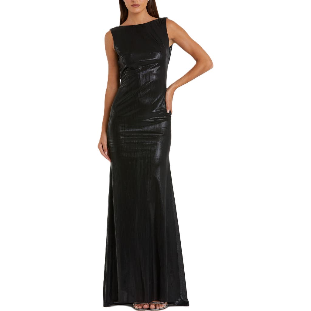 Mac Duggal Metallic Cowl Back Column Gown In Black