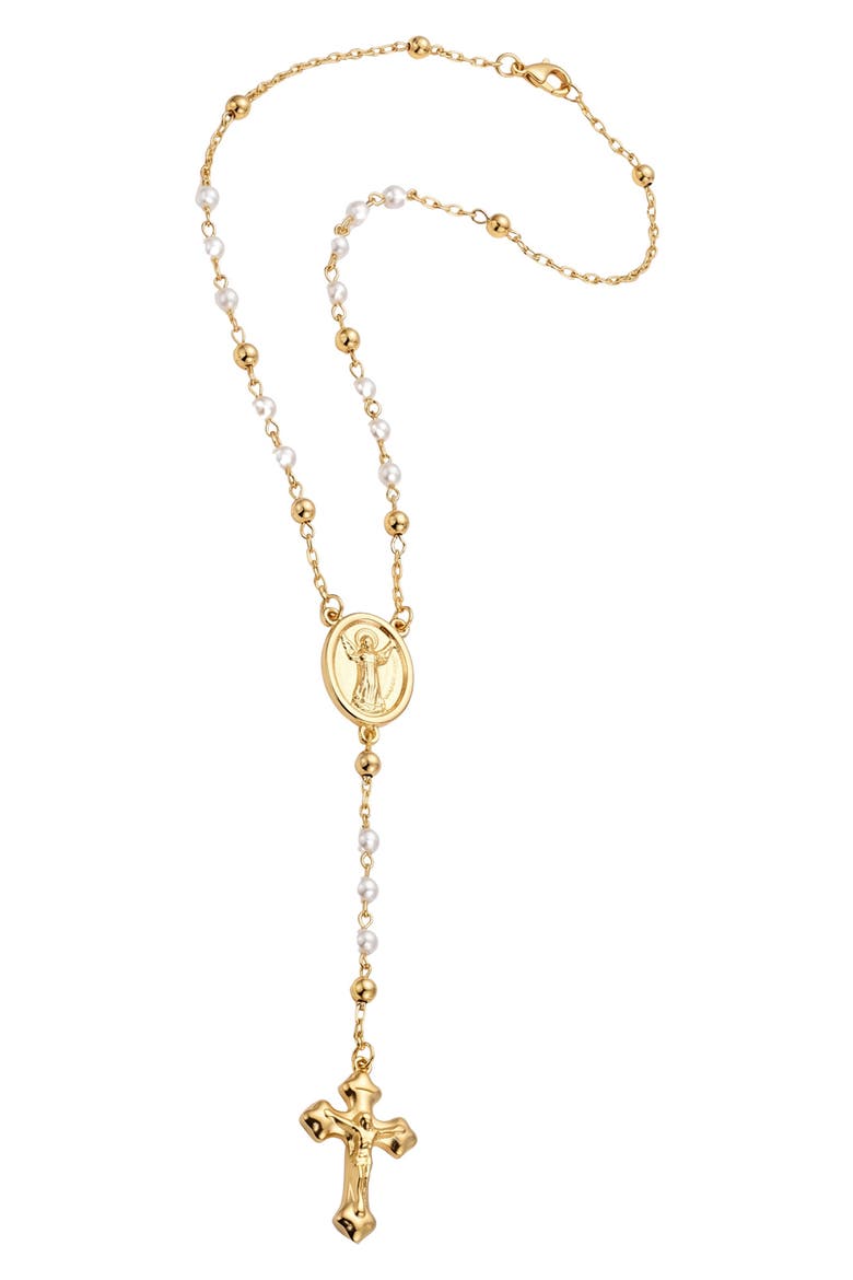 The Pearl Rosary Cross Pendant Necklace, Main, color, GOLD