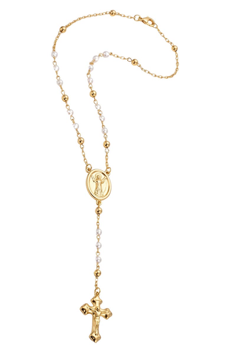The M Jewelers The Pearl Rosary Cross Pendant Necklace, Main, color, Gold