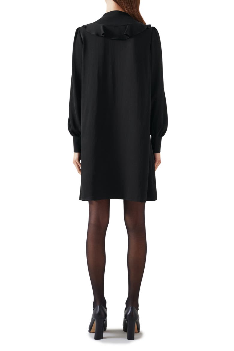 Daisy Ruffle Detail Long Sleeve Crepe Shift Dress, Alternate, color, BLACK