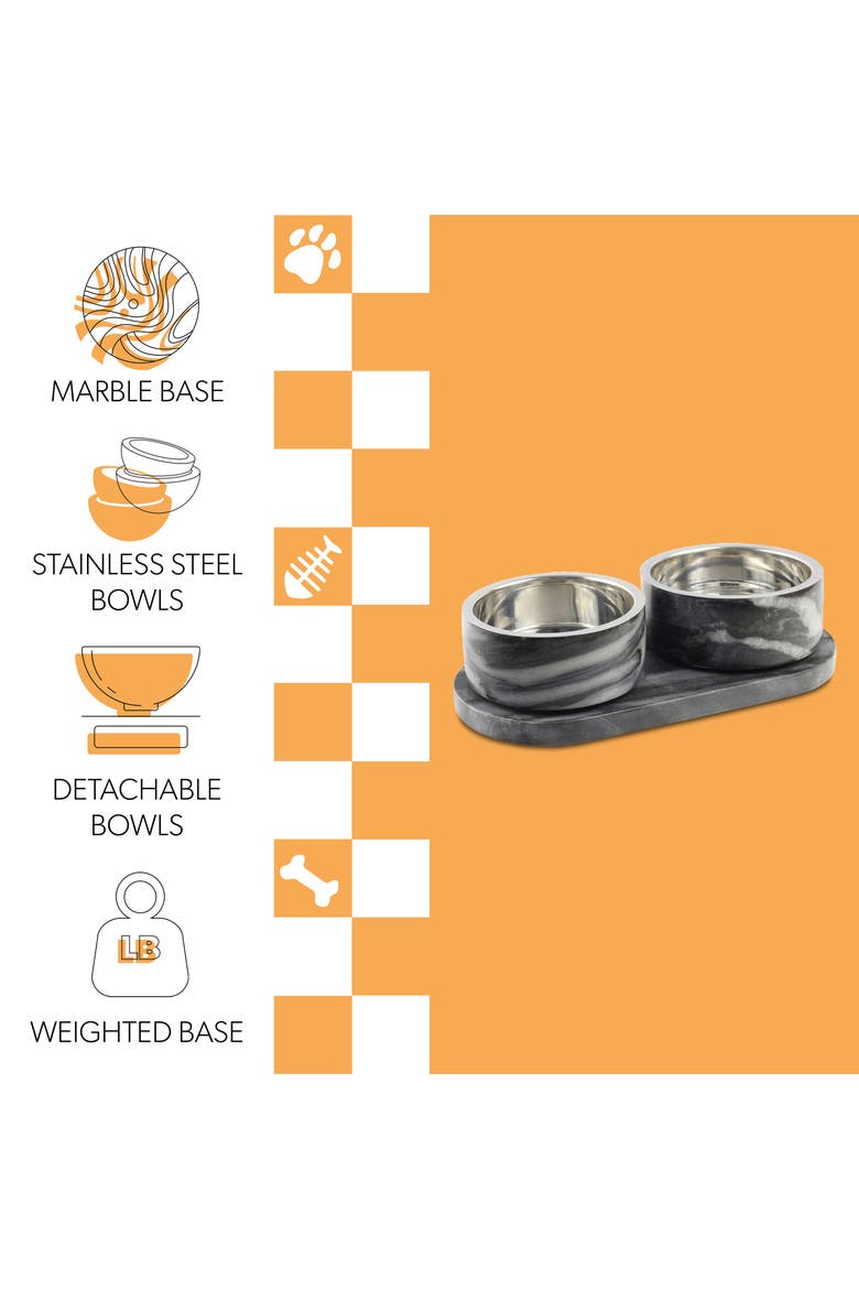 Marbre Modern Weighted Double Marble and Stainless Steel Bowl Feeder with Non-Slip Marble Tray Set, Alternate, color, Black/White