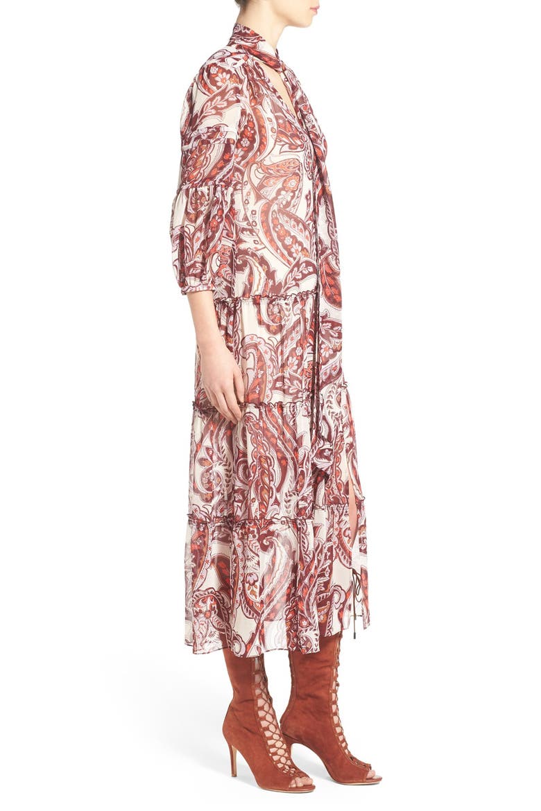 Tie Neck Peasant Midi Dress, Alternate, color, IVORY EGGNOG PAISLEY