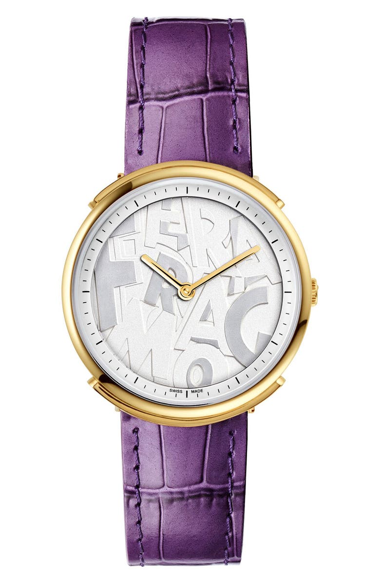 FERRAGAMO Women's Logomania Croc Embossed Leather Strap Quartz Watch, 35mm, Main, color, 