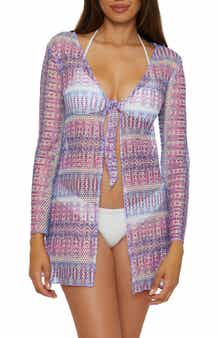 Tie Front Long Sleeve Sheer Mesh Cover-Up