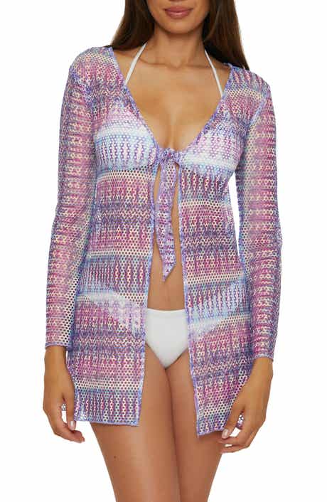 Tie Front Long Sleeve Sheer Mesh Cover-Up