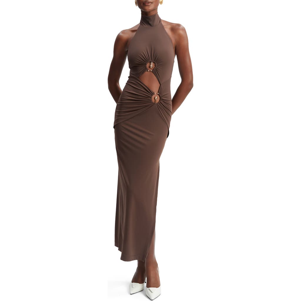 Bardot Neve Cutout Maxi Halter Dress In Chocolate