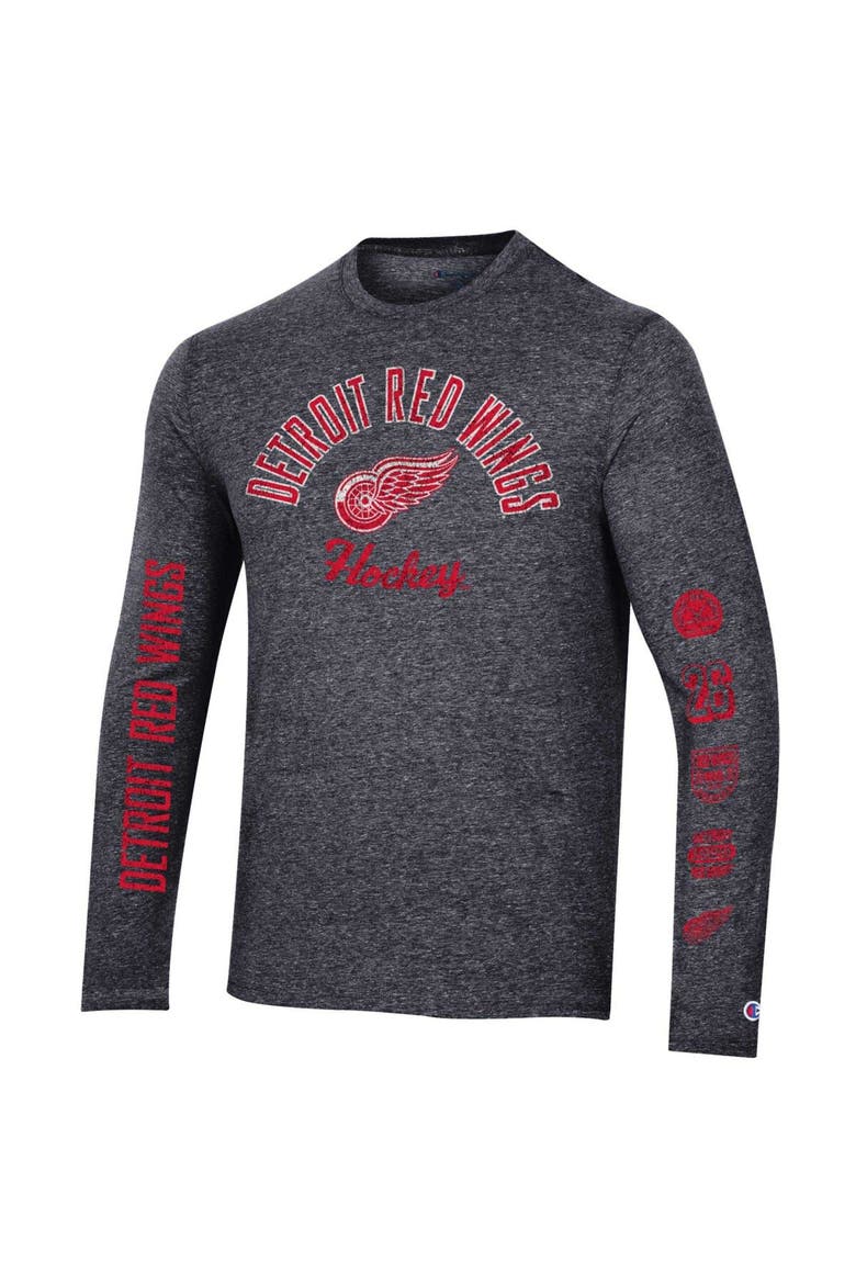 Men's Champion Heather Black Detroit Red Wings Multi-Logo Tri-Blend Long Sleeve T-Shirt, Alternate, color, Heather Black