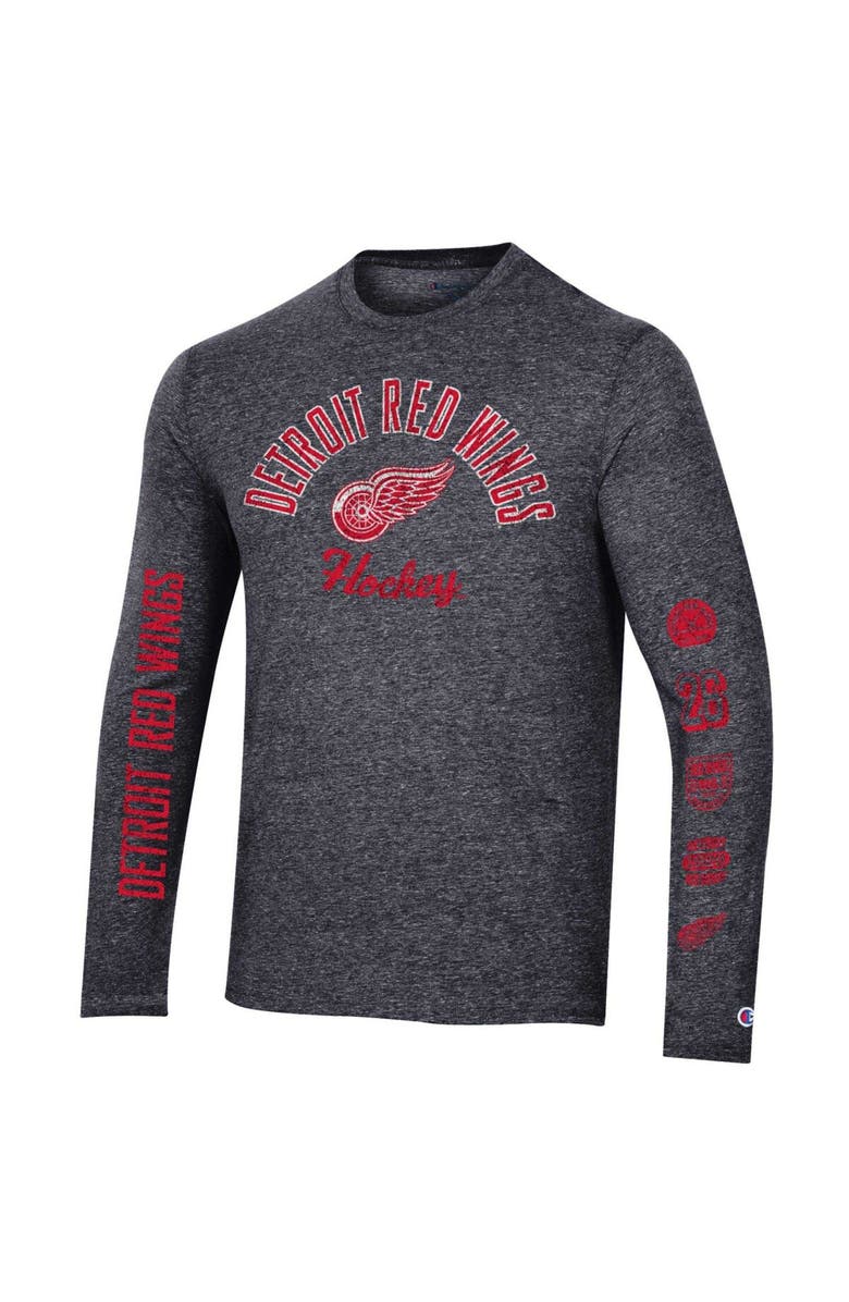 Champion Men's Champion Heather Black Detroit Red Wings Multi-Logo Tri-Blend Long Sleeve T-Shirt, Alternate, color, Heather Black