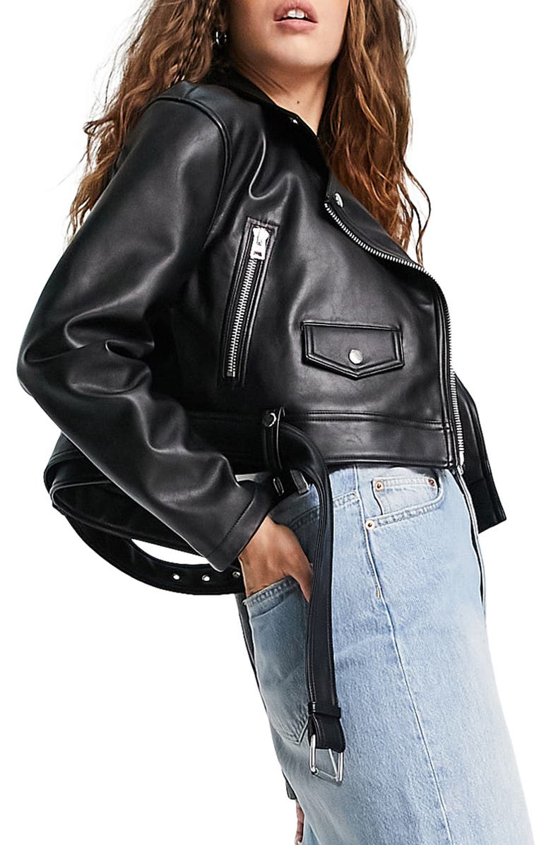 Topshop Faux Leather Biker Jacket, Main, color,