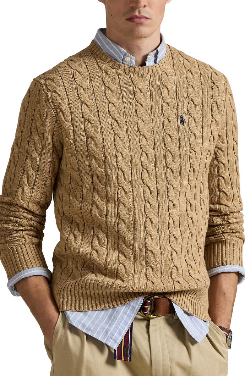 Polo Ralph Lauren Cable Knit Cotton Crewneck Sweater, Main, color, Camel Melange