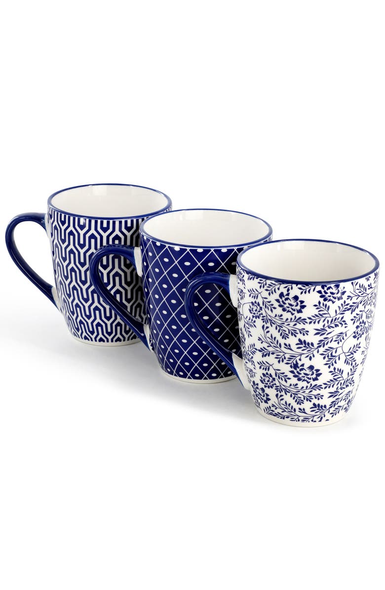 Elama Declan 6 Piece 12 Ounce Assorted Design Stoneware Mug Set, Alternate, color, Blue