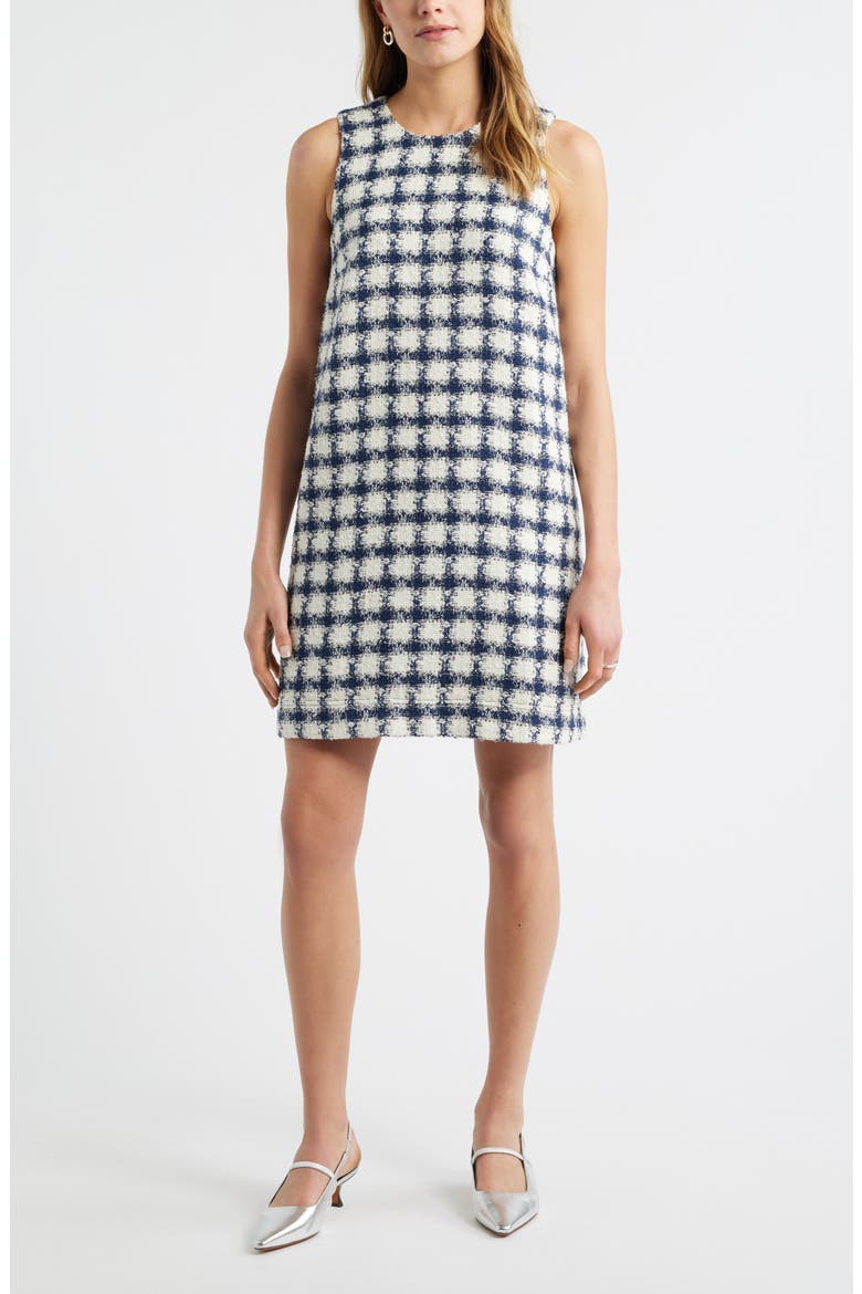Tweed Sleeveless Shift Dress, Alternate, color, IVORY- NAVY TWEED GRID