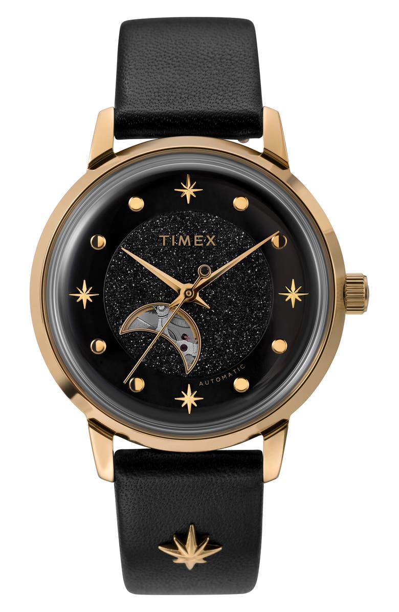 Timex<sup>®</sup> Celestial Opulence Open Heart Automatic Leather Strap Watch, 38mm, Main, color, 